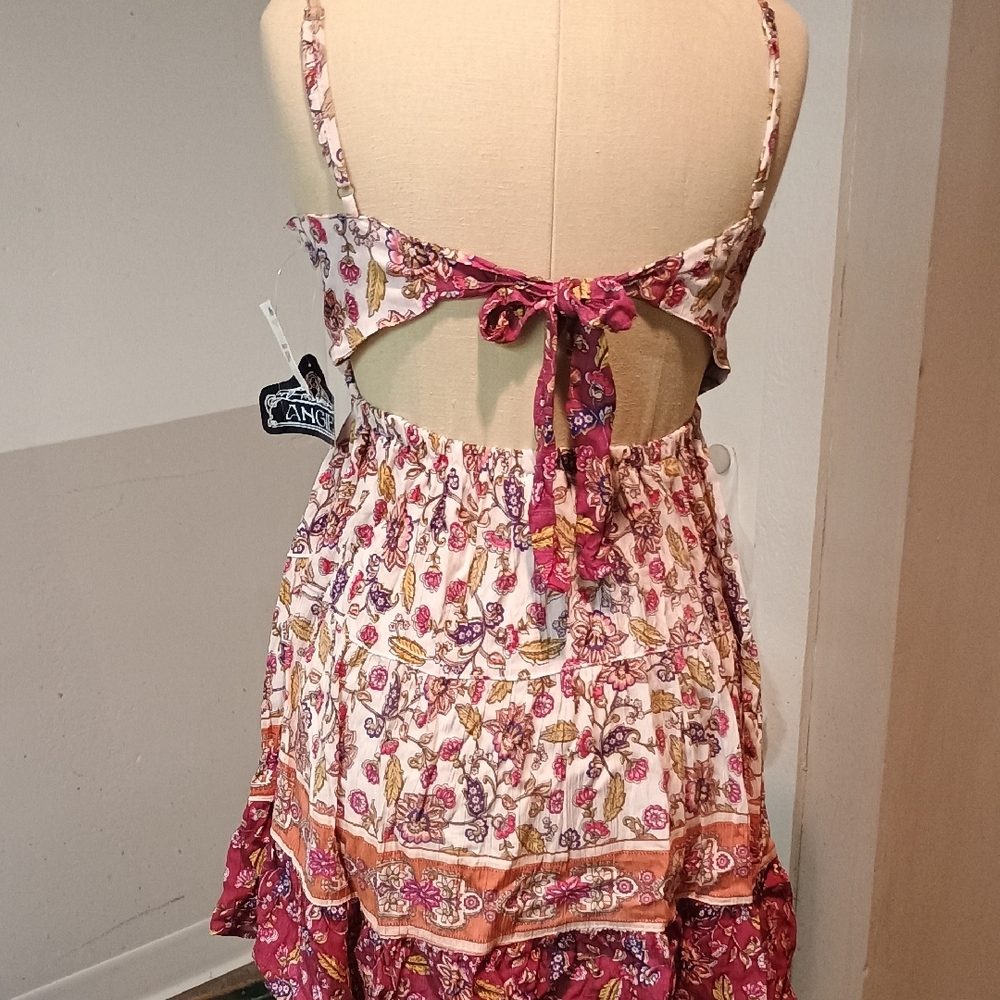 NWT Angie White Floral Tiered Mini Dress with Pink and Orange Accents - Picture 3 of 10